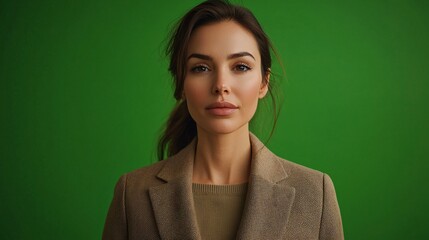 Fototapeta premium Portrait of a Confident Woman in Professional Attire Against a Green Background