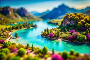 Naklejka premium Miniature Whimsical Landscape: Turquoise and Purple Gradient Tilt-Shift