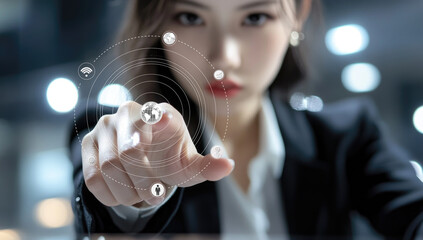 A business professional points towards digital network icons, showcasing advanced technology concepts
