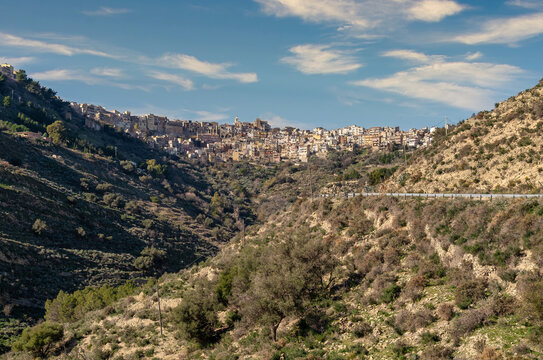 Clifftop village of Centuripe, Enna, Sicily, Italy