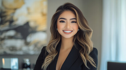 Fototapeta premium Confident businesswoman smiling in a modern office setting, radiating professionalism, positivity, and leadership qualities.