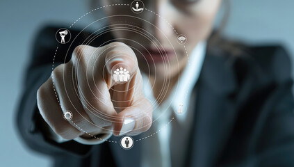 A business professional points towards digital network icons, showcasing advanced technology concepts