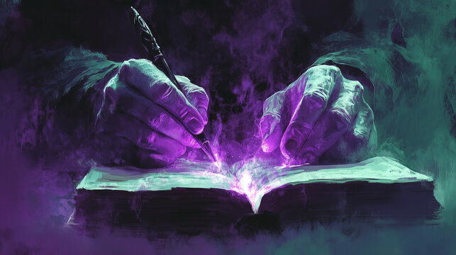 spectral hand creating words in an old book