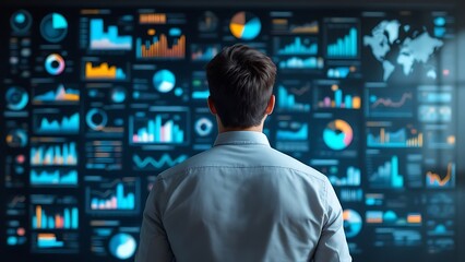 Businessman analyzing data charts and financial reports on a wall. Corporate strategy, data-driven decision making in a modern business environment.