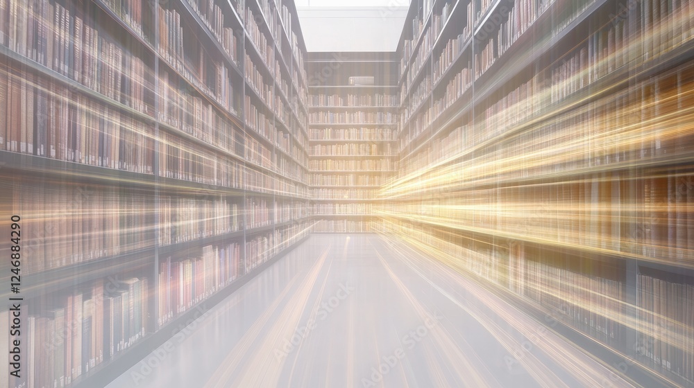 Poster endless library row with bright light and books.