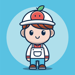 Fototapeta premium Cute cartoon boy character, white cap with red apple logo, light blue background, simple geometric shapes, chibi style, oversized head, big eyes, small body, white shirt, blue overalls, pastel colors