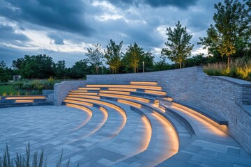 A vibrant scene of a modern amphitheatre at dusk, with soft lighting illuminating the sleek,