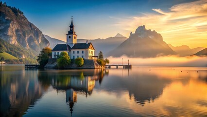 Fototapeta premium Minimalist Austrian Castle Trauensee Lake Sunrise Landscape