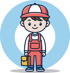 Fototapeta premium Cute cartoon boy, red baseball cap, orange overalls, blue shirt, yellow lunchbox, childlike proportions, big eyes, simple style, pastel blue circular background, cheerful expression