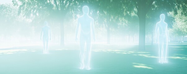 Ethereal figures amidst a dreamy forest setting.