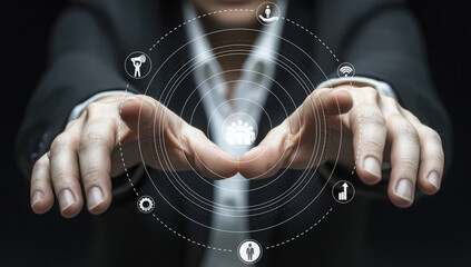 A business professional points towards digital network icons, showcasing advanced technology concepts