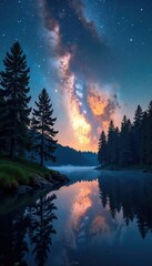 Fototapeta premium Milky Way shining through trees near Biscarosse lake, forest, scenery, water