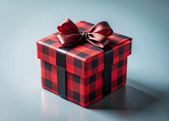 Obraz premium Minimalist Black, White, and Red Plaid Gift Box on White Background
