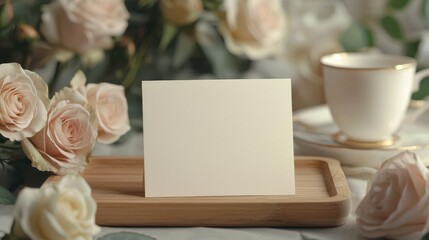Obraz premium White card placed on a wooden tray in a bright setting for design and presentation purposes