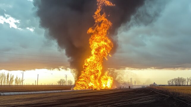 Large gas pipeline rupture ignites flames and smoke with emergency responders in the distance