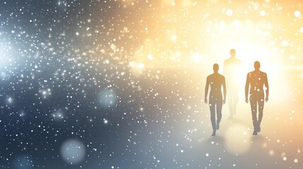 Figures walking towards a luminous abstract space.