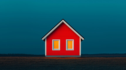 A toy tiny house with a glowing window