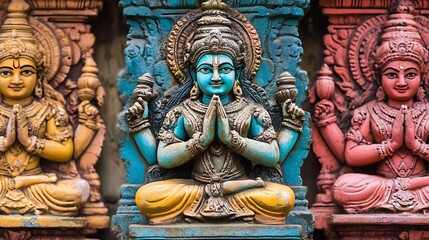 Naklejka premium Colorful Hindu Deities in Meditation Posture Displaying Spiritual Hindu Art and Culture : Generative AI