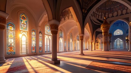 Obraz premium Sunlit Interior of a Grand Mosque with Stained Glass Windows and Ornate Architectural Details : Generative AI