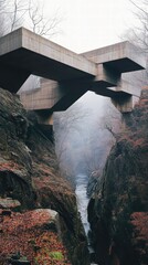 A monolithic Brutalist bridge spanning a deep canyon, with raw concrete beams and brutal geometric supports