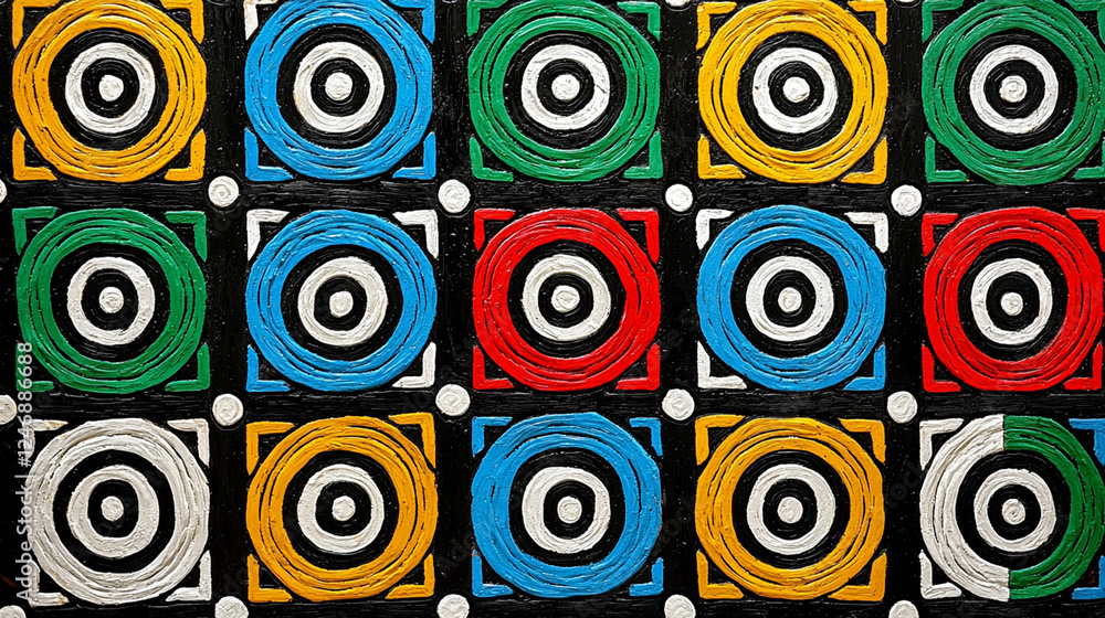 Poster colorful concentric circles and squares pattern on dark background.