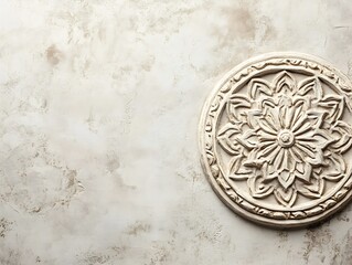 Intricate Floral Relief on Textured Rustic Beige Plaster Wall Art : Generative AI