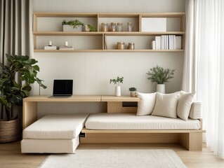A white couch with a laptop on it