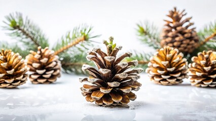 Fototapeta premium Minimalist Christmas Background: Pine Cones on White, High Depth of Field, Copy Space