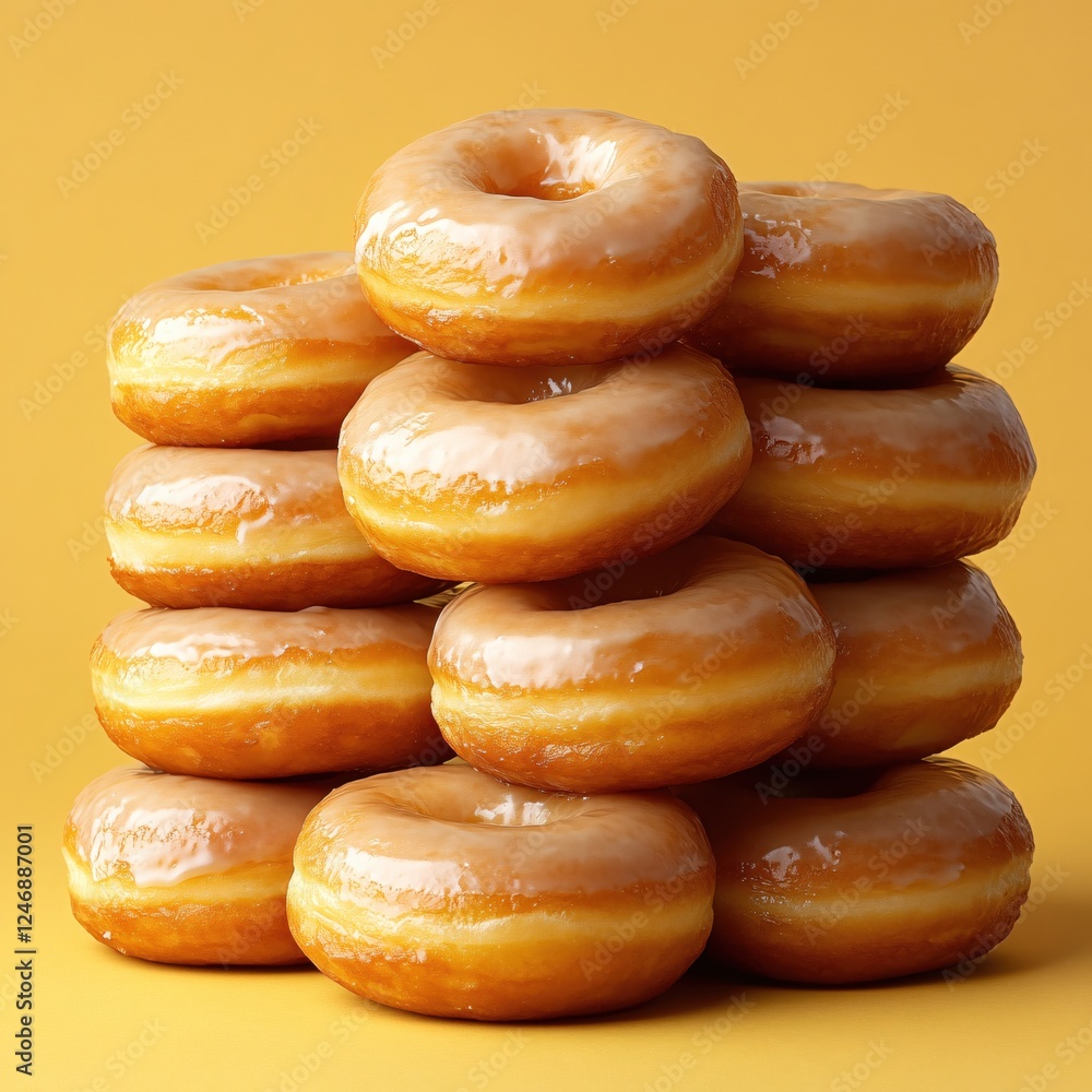 Poster stacked glazed donuts on a plain yellow background creating a sweet temptation and a simple design