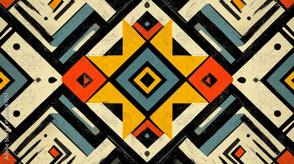 Poster abstract geometric pattern with vibrant colors and symmetrical design.