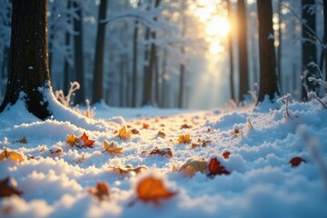 Frozen leaves scatter across the forest floor like golden confetti, snow-covered ground, wintry scenery, winter wonderland
