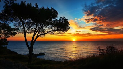 Vibrant Coastal Sunset View with Silhouetted Tree and Colorful Sky : Generative AI