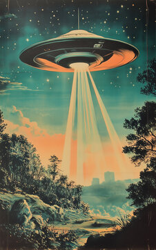 Retro Sci-Fi UFO with a Beam of Light &ndash; Poster 50s, Perfect for Vintage Movie Posters, Alien Invasion Themes, Book Covers, and Science Fiction Artwork