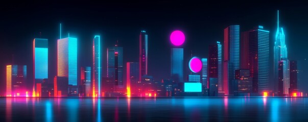 Futuristic city skyline with neon lights.