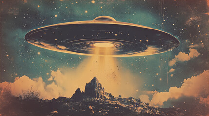 Retro Sci-Fi UFO with a Beam of Light – Poster 50s, Perfect for Vintage Movie Posters, Alien Invasion Themes, Book Covers, and Science Fiction Artwork