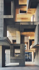 Obraz premium A Brutalist office complex with an open atrium revealing an intricate grid of exposed structural concrete beams