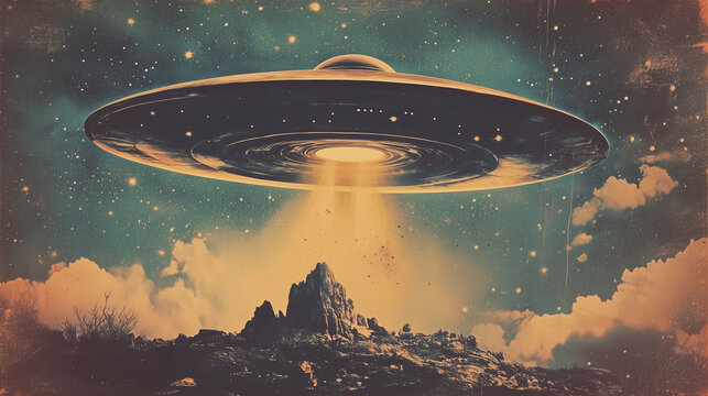 Retro Sci-Fi UFO with a Beam of Light &ndash; Poster 50s, Perfect for Vintage Movie Posters, Alien Invasion Themes, Book Covers, and Science Fiction Artwork