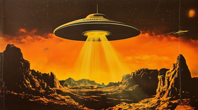 Retro Sci-Fi UFO with a Beam of Light &ndash; Poster 50s, Perfect for Vintage Movie Posters, Alien Invasion Themes, Book Covers, and Science Fiction Artwork