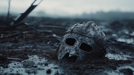 Viking Helmet in the Mud After Battle – A Dramatic Medieval Scene Perfect for Historical, Fantasy, and War-Themed Illustrations and Storytelling