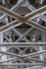 construction of a large railway bridge over the river. steel and metal bridge. rivets.