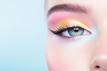 close-up of vibrant abstract eye makeup with metallic gold accents and graphic lines