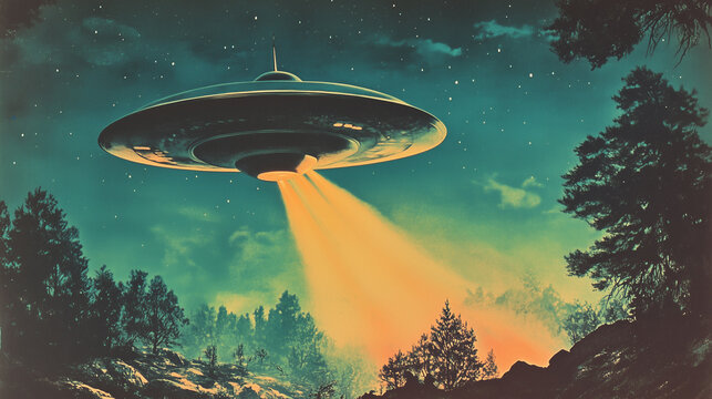 Retro Sci-Fi UFO with a Beam of Light &ndash; Poster 50s, Perfect for Vintage Movie Posters, Alien Invasion Themes, Book Covers, and Science Fiction Artwork
