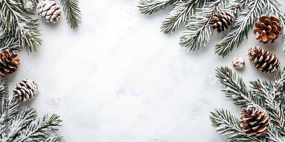 Poster winter pine cones and evergreen branches on snowy background for holiday design : generative ai
