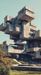 A Brutalist bank that looks like an impenetrable fortress, with heavy, cantilevered masses of raw concrete