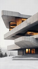 A Brutalist theater with immense concrete overhangs creating dramatic negative spaces