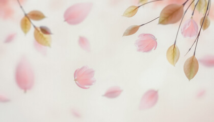 Delicate pink petals falling through the air, set against a dreamy pastel-colored background, evoking tranquility.