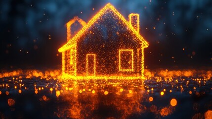 Glowing House Silhouette: A Creative Concept of a Home Created with Sparkling Lights on a Dark Background, Perfect for Real Estate or Home Improvement Themes