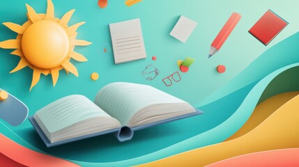 Summer Reading Adventure: Open Book, Sun, and School Supplies in Vibrant Paper Art Style
