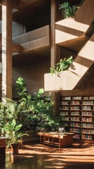 A Brutalist library where every element, from the lighting to the materials, is designed for functionality