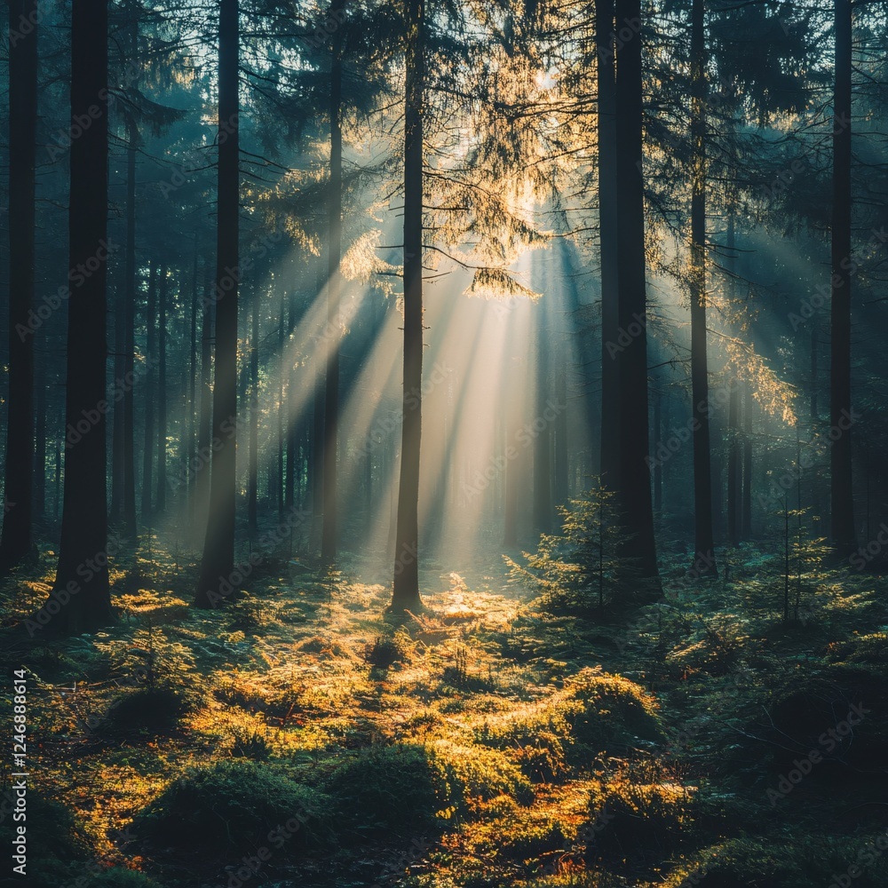 Poster sunbeams piercing through dense forest creating ethereal light and shadow on mossy ground